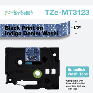 New, Pre-owned, Original Brother TZEMT3123 - P-touch Embellish Black on Indigo Denim Washi Tape 12mm