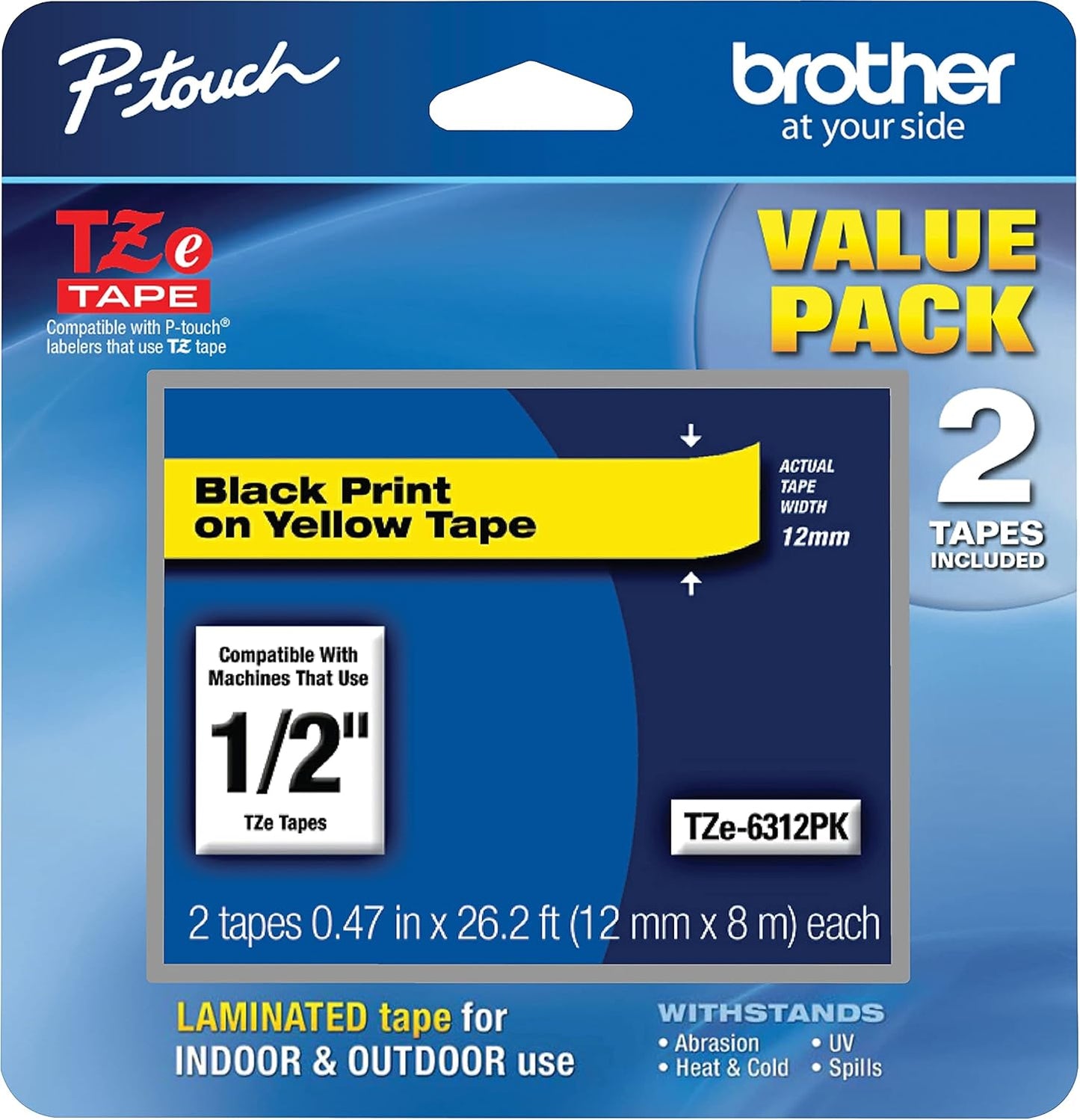 New, Pre-owned, Genuine Brother P-Touch, Black on Yellow Tape ½” (12mm) Laminated P-Touch Tape, TZe-6312Pk