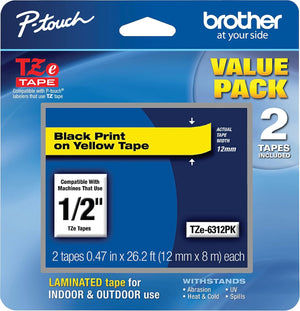 New, Pre-owned, Genuine Brother P-Touch, Black on Yellow Tape ½” (12mm) Laminated P-Touch Tape, TZe-6312Pk