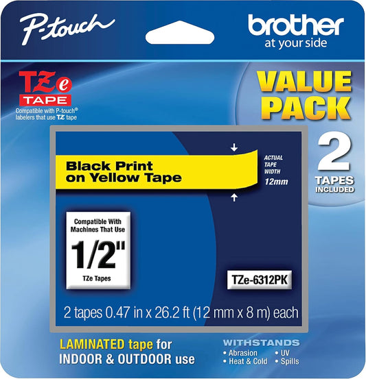 New, Pre-owned, Genuine Brother P-Touch, Black on Yellow Tape ½” (12mm) Laminated P-Touch Tape, TZe-6312Pk