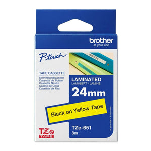 New, Pre-owned, Genuine Brother P-Touch, TZe-651 Extra Strength Adhesive, Black on Yellow Tape 24mm x 8m