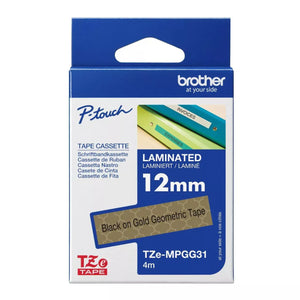 New, Pre-owned, Original Brother TZe-MPGG31 Labelling Tape Cassette, Black on Gold Geometric, 12 mm (W) x 4 m (L)