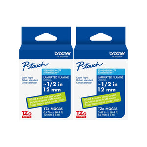 New, Pre-owned, Original Brother TZe-MQG35M Labelling Tape Cassette, White on Lime Green, 12mm (W) x 5M (L)-2-Pack