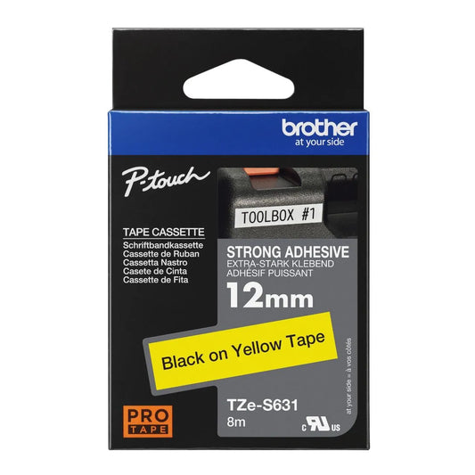New, Pre-owned, Genuine Brother P-Touch, Black on Yellow Extra Strength Adhesive Laminated Tape TZe-S631 0.47" (12mm) x 26.2ft (8m)