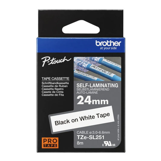New, Pre-owned, Genuine Brother TZe-SL251 Self Laminating Label Tape Black on White - 24mm Wide x 8m Long