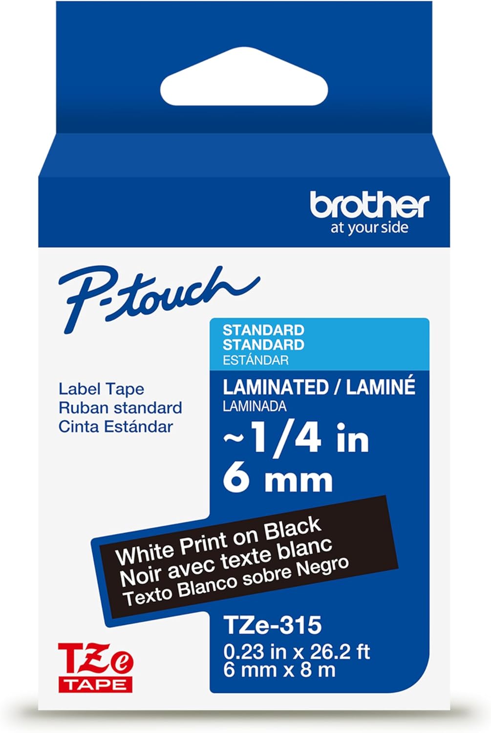 New, Pre-Owned, Genuine Brother P-Touch TZe White Print on Black Label Tape (TZe315), Laminated,1/4in x 26.2ft (6mm x 8m), for Select P-Touch Label