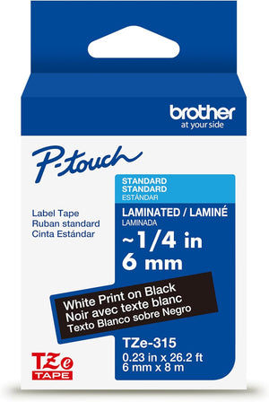 New, Pre-Owned, Genuine Brother P-Touch TZe White Print on Black Label Tape (TZe315), Laminated,1/4in x 26.2ft (6mm x 8m), for Select P-Touch Label