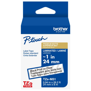 New, Pre-owned, Original Brother P-touch TZe-M51 Black Print on Matte Clear Laminated Tape 24mm (0.94”) wide x 8m (26.2’) long