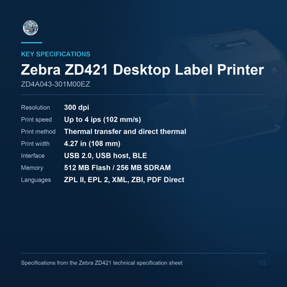 Zebra ZD421 Desktop Label Printer ZD4A043-301M00EZ key specifications