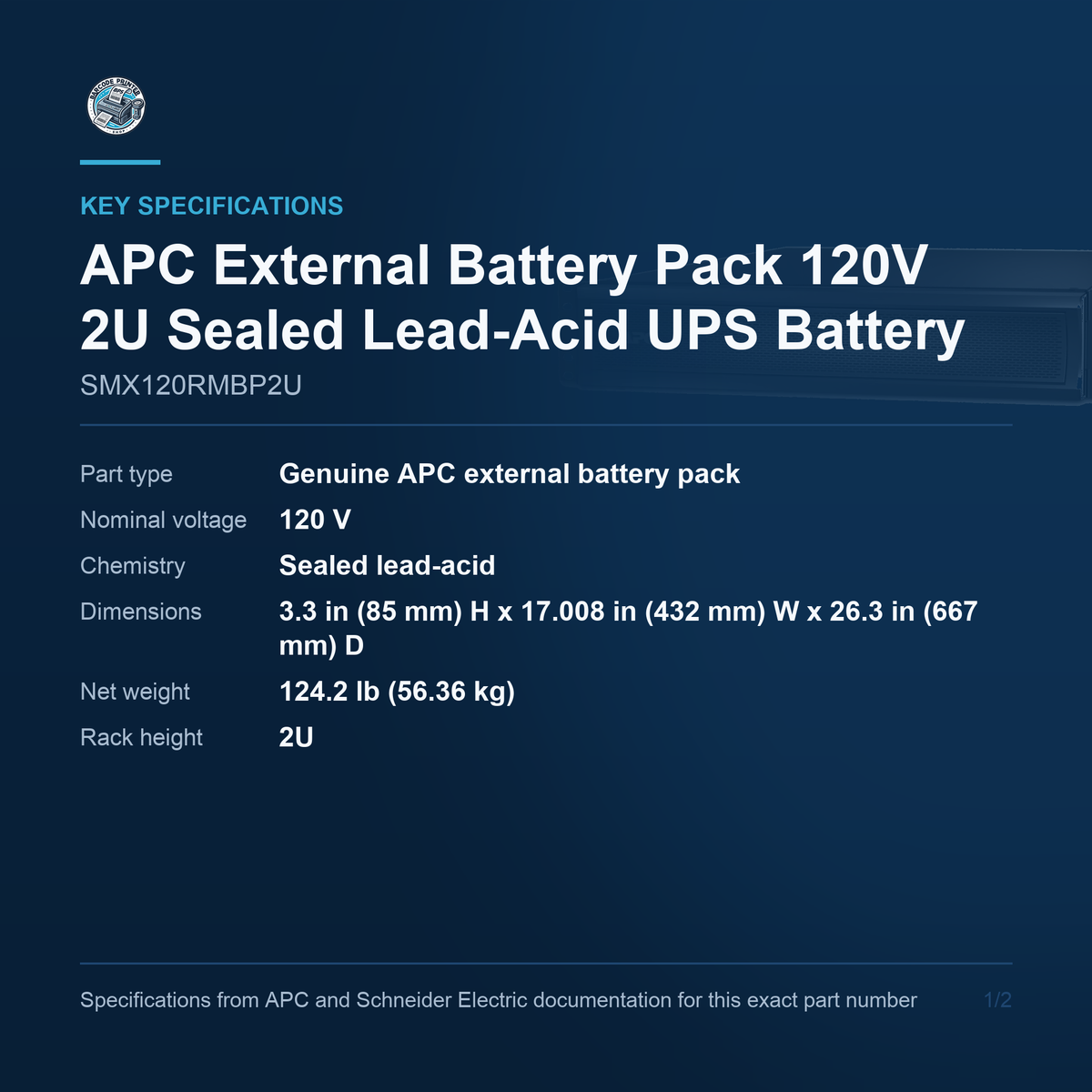 APC External Battery Pack SMX120RMBP2U key specifications
