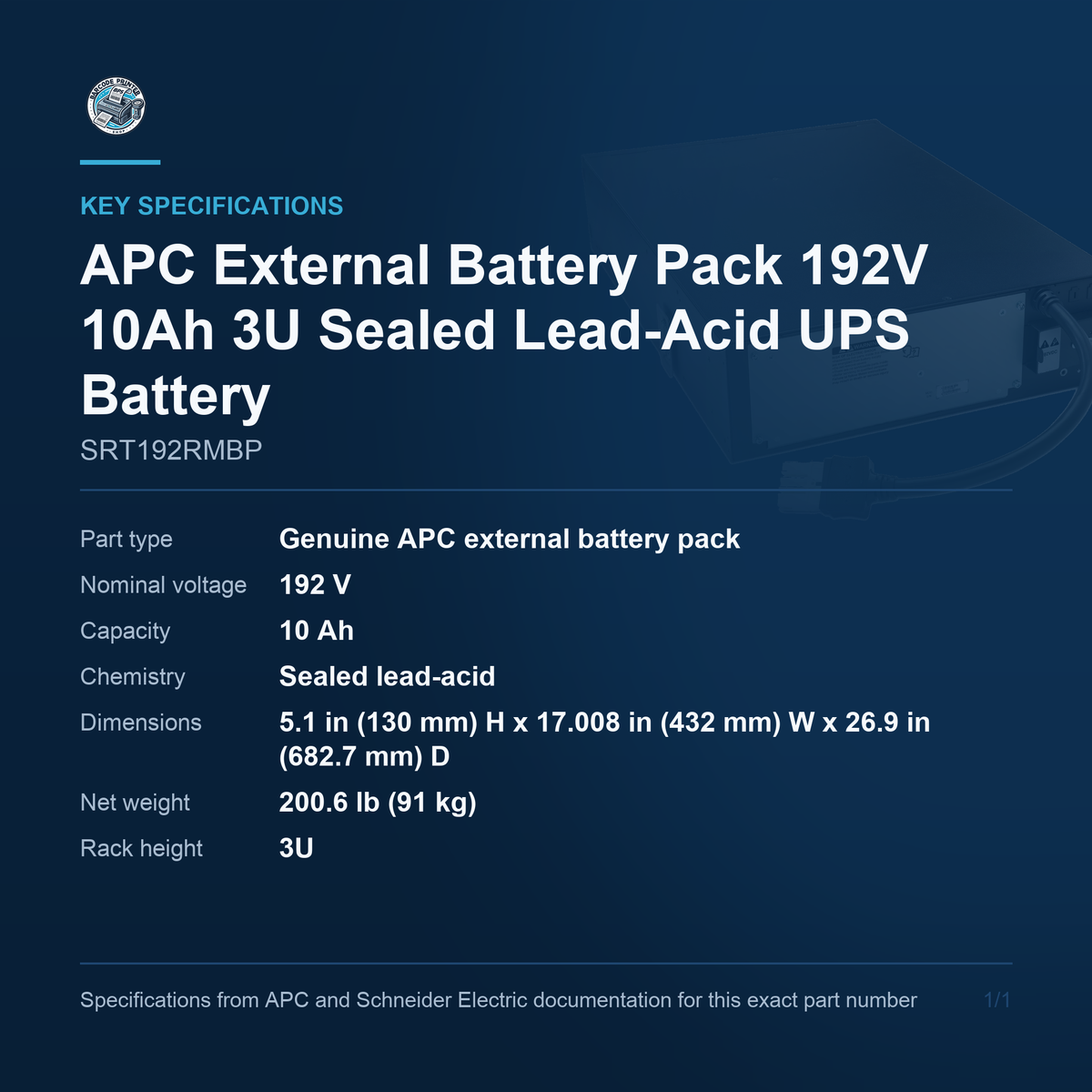 APC External Battery Pack SRT192RMBP key specifications