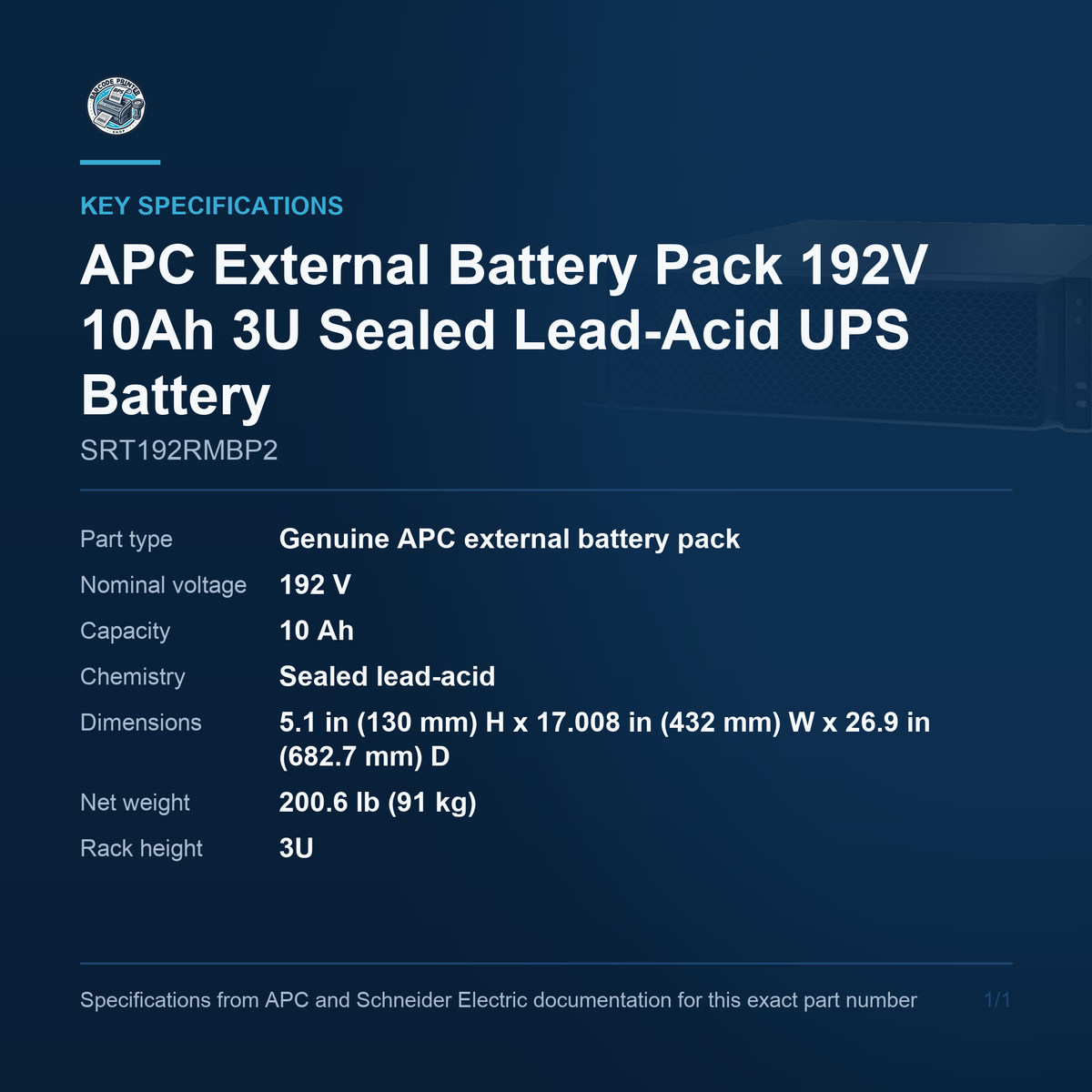 APC External Battery Pack SRT192RMBP2 key specifications