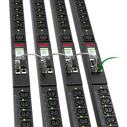 APC NetShelter 9K rack PDU — four units daisy-chained for network port sharing