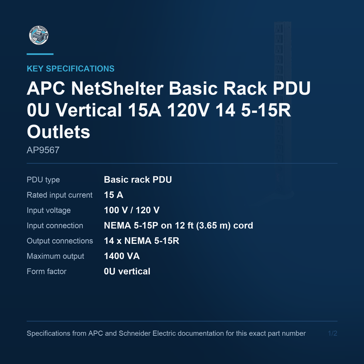 APC NetShelter Basic Rack PDU AP9567 key specifications