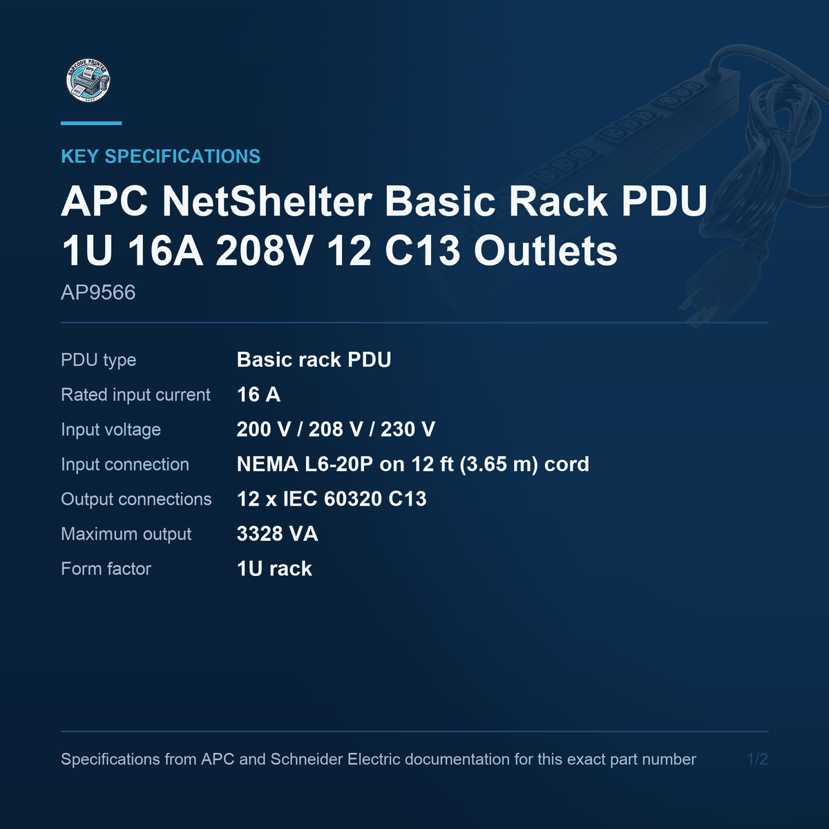 APC NetShelter Basic Rack PDU AP9566 key specifications