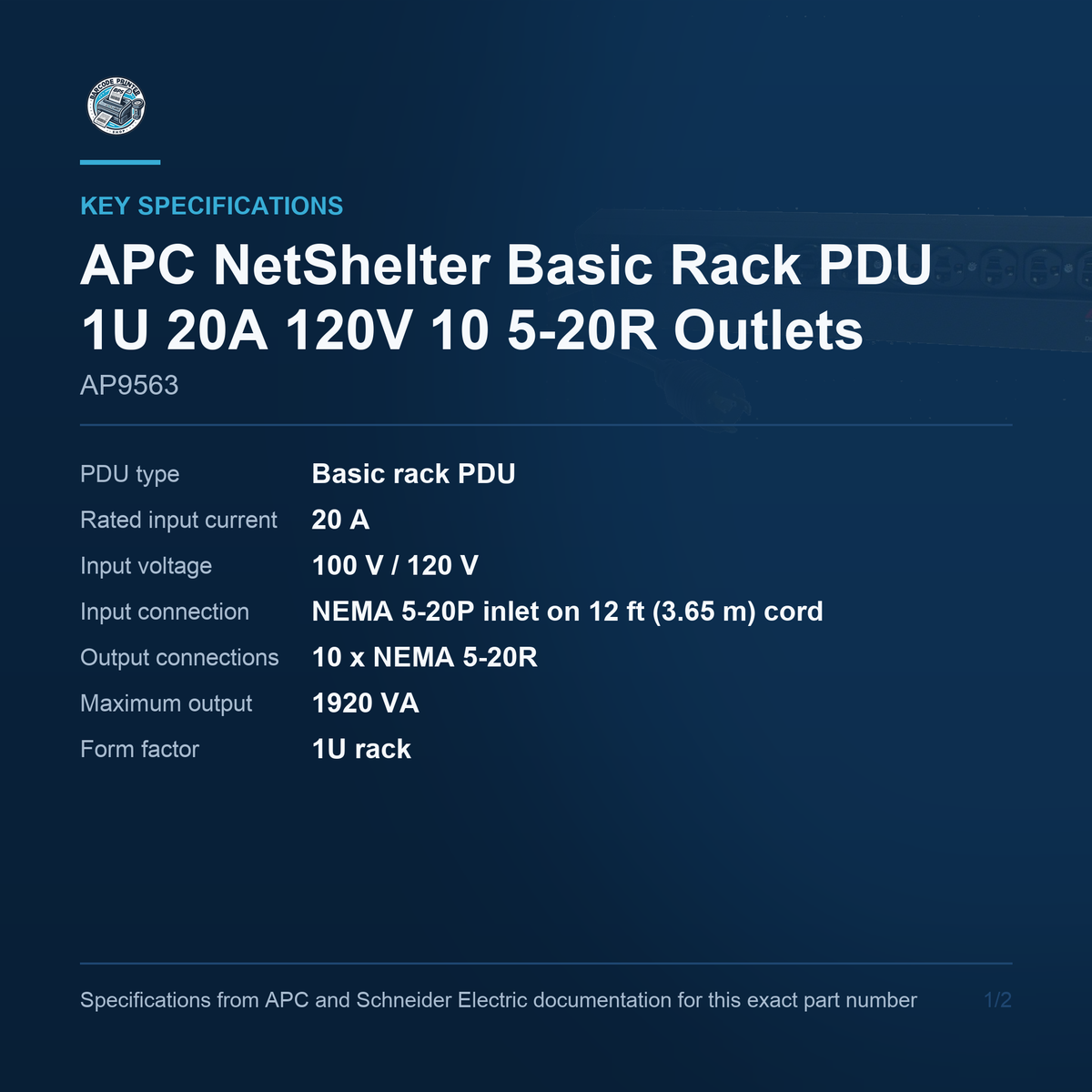 APC NetShelter Basic Rack PDU AP9563 key specifications