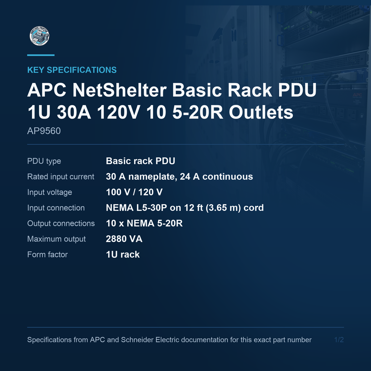 APC NetShelter Basic Rack PDU AP9560 key specifications