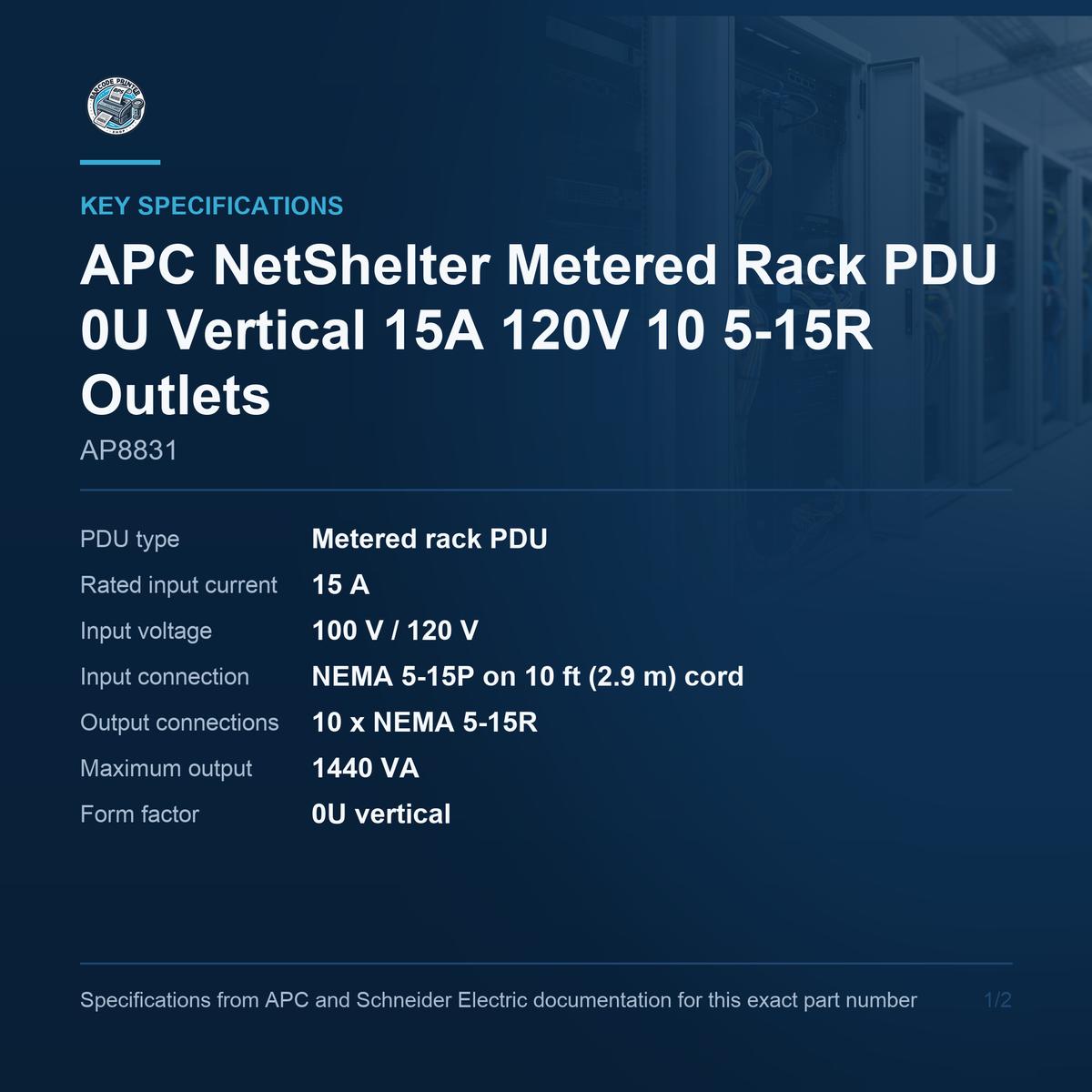APC NetShelter Metered Rack PDU AP8831 key specifications
