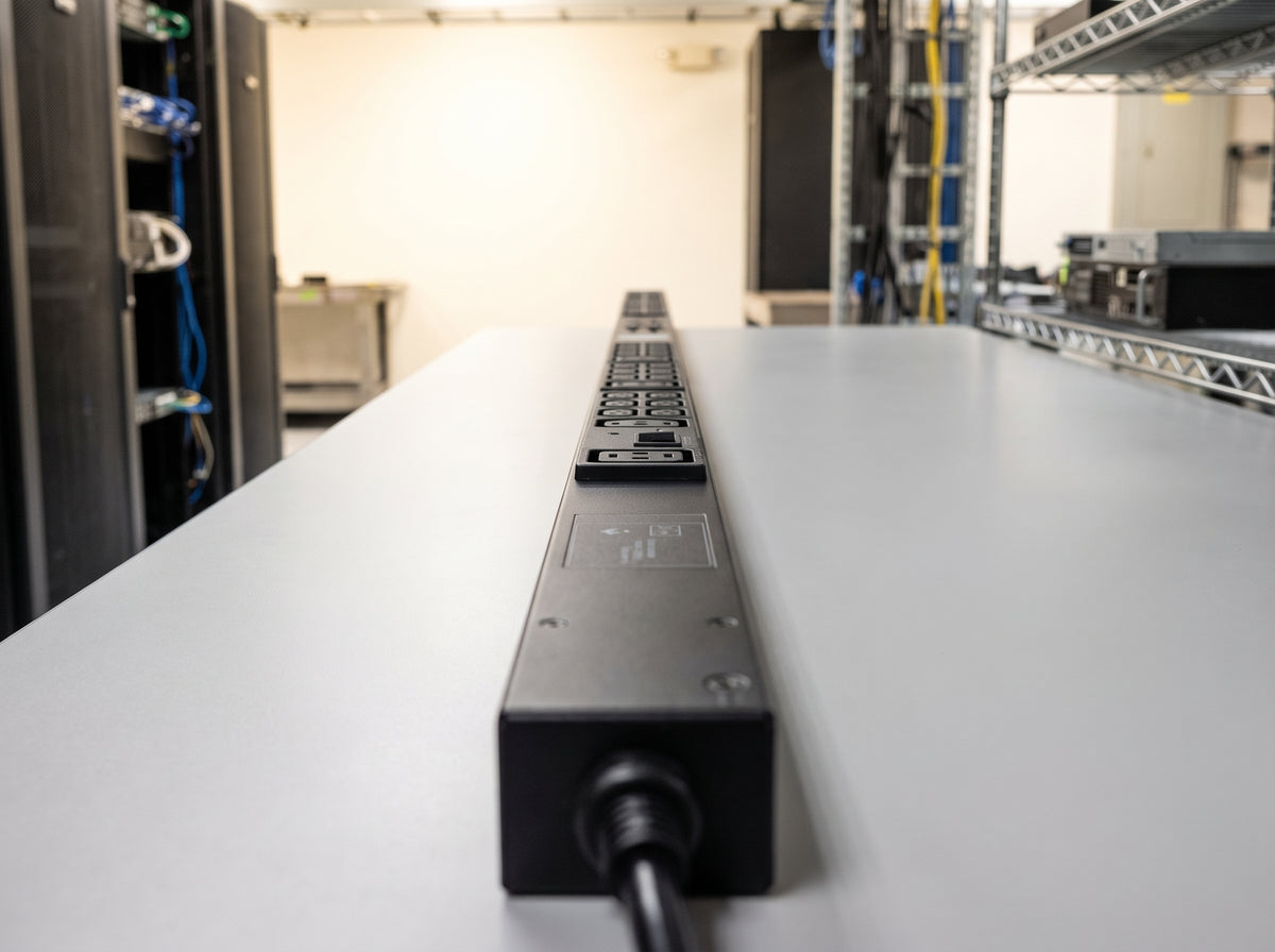 APC AP8841 NetShelter 0U rack PDU on a service bench, full length of the C13 and C19 outlet strip — AI-generated image