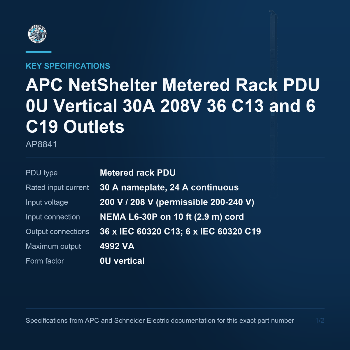 APC NetShelter Metered Rack PDU AP8841 key specifications