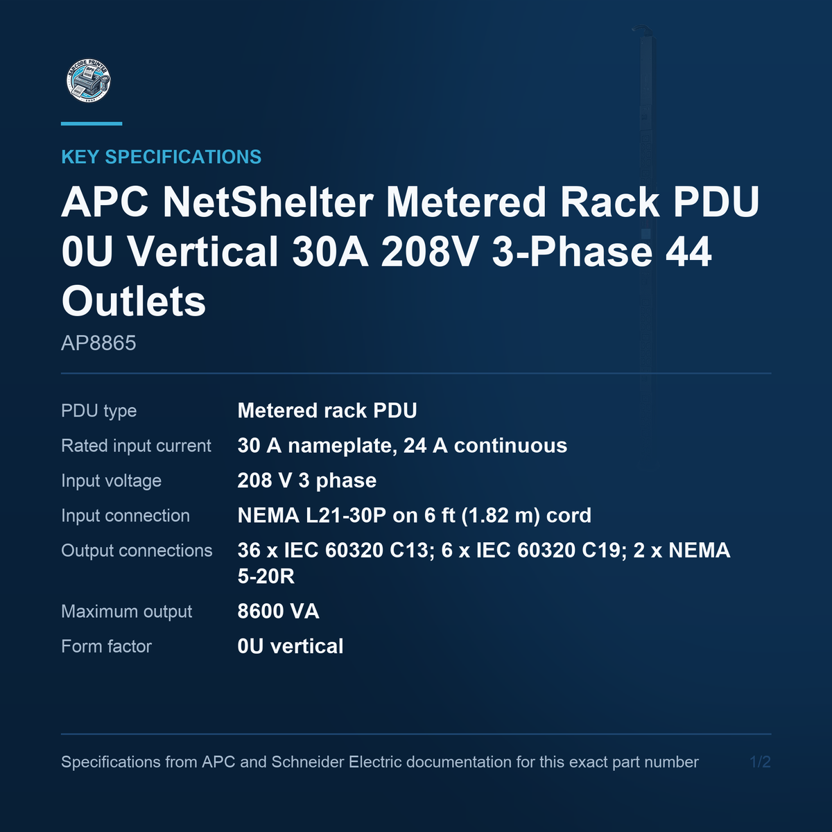 APC NetShelter Metered Rack PDU AP8865 key specifications