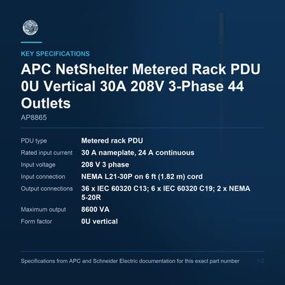 APC NetShelter Metered Rack PDU AP8865 key specifications