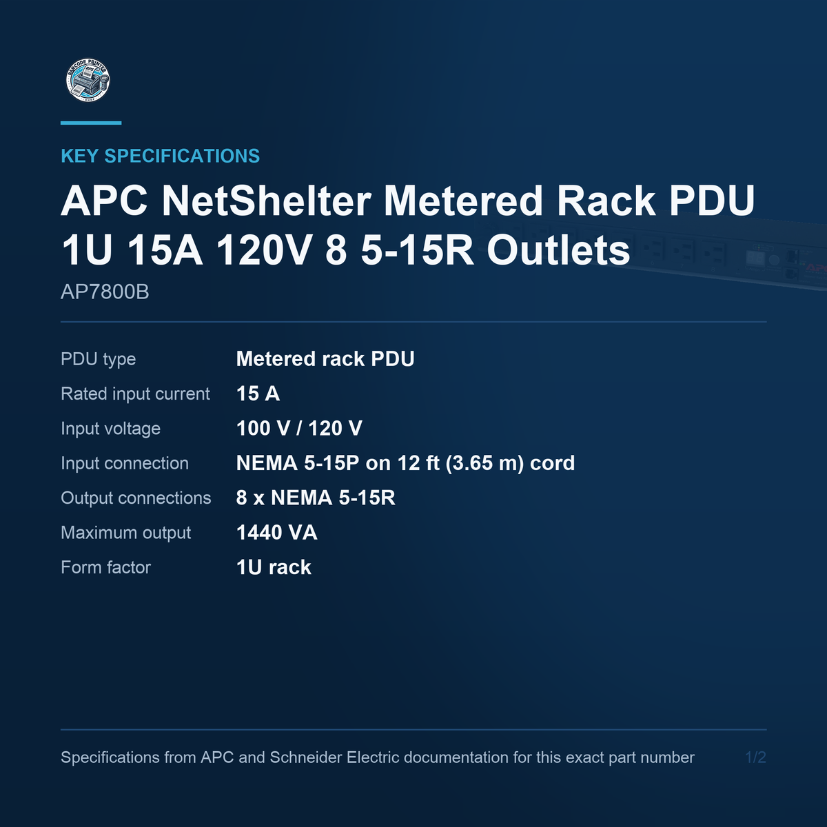 APC NetShelter Metered Rack PDU AP7800B key specifications