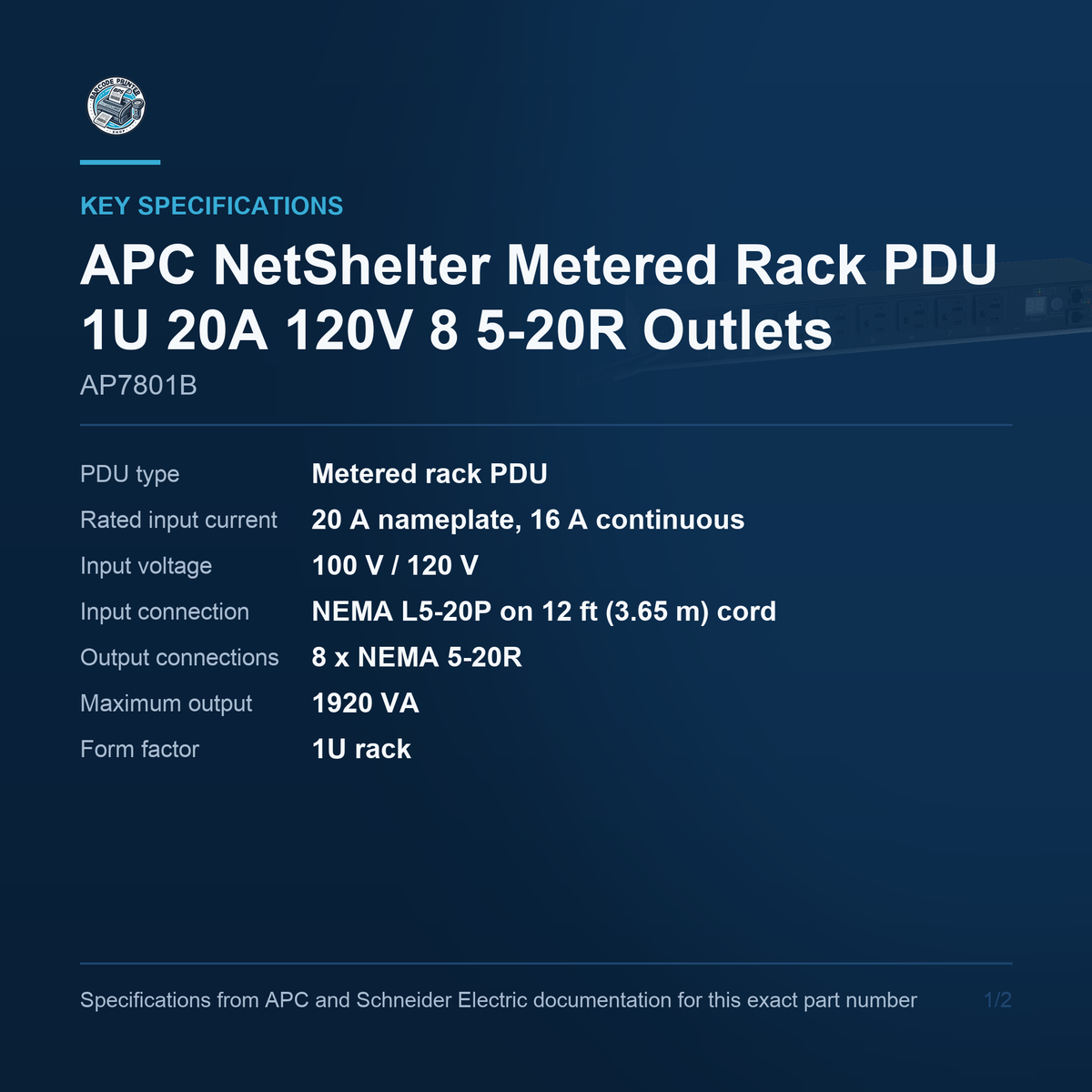 APC NetShelter Metered Rack PDU AP7801B key specifications