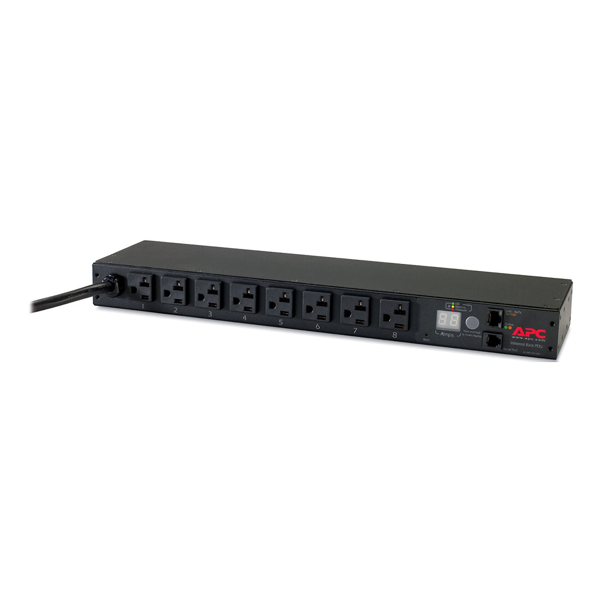 APC NetShelter metered rack PDU 1U, front-left view along the outlet strip