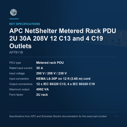APC NetShelter Metered Rack PDU AP7811B key specifications