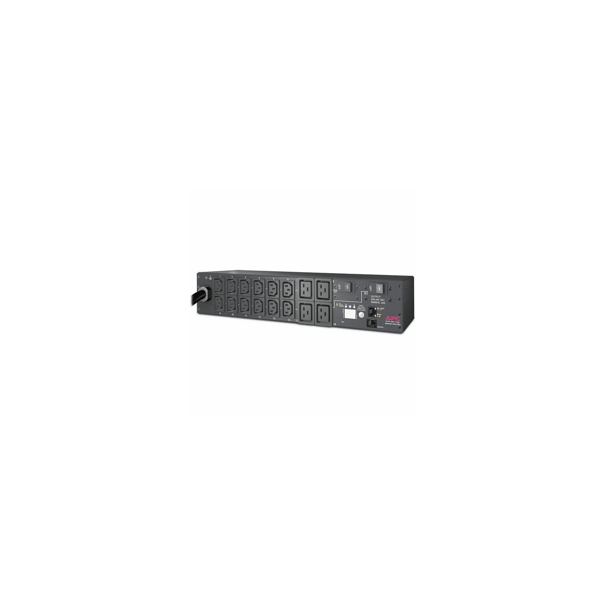 APC NetShelter Metered Rack PDU 2U 30A 208V 12 C13 and 4 C19 Outlets, outlet face showing the C13 and C19 receptacles and the metering display