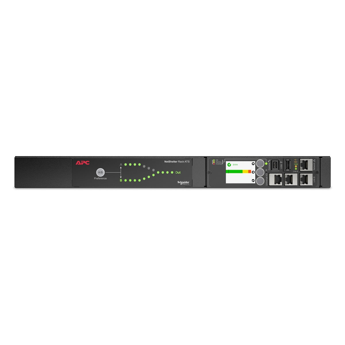 APC NetShelter Rack Automatic Transfer Switch 1U, straight-on front view of the status panel