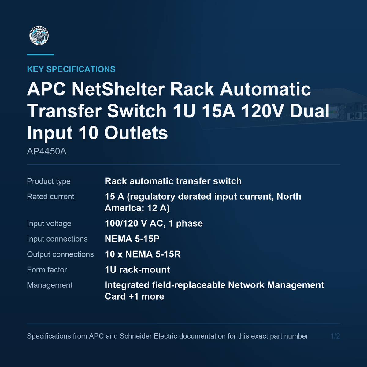 APC NetShelter Rack Automatic Transfer Switch AP4450A key specifications