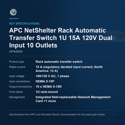 APC NetShelter Rack Automatic Transfer Switch AP4450A key specifications