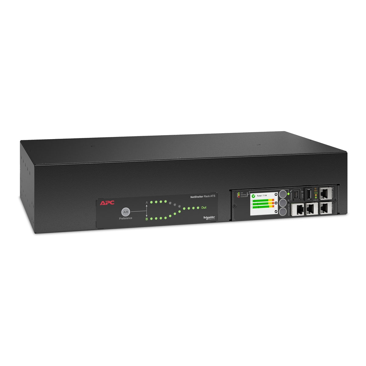 APC NetShelter rack automatic transfer switch AP4453A, front view of the 1U chassis and status display