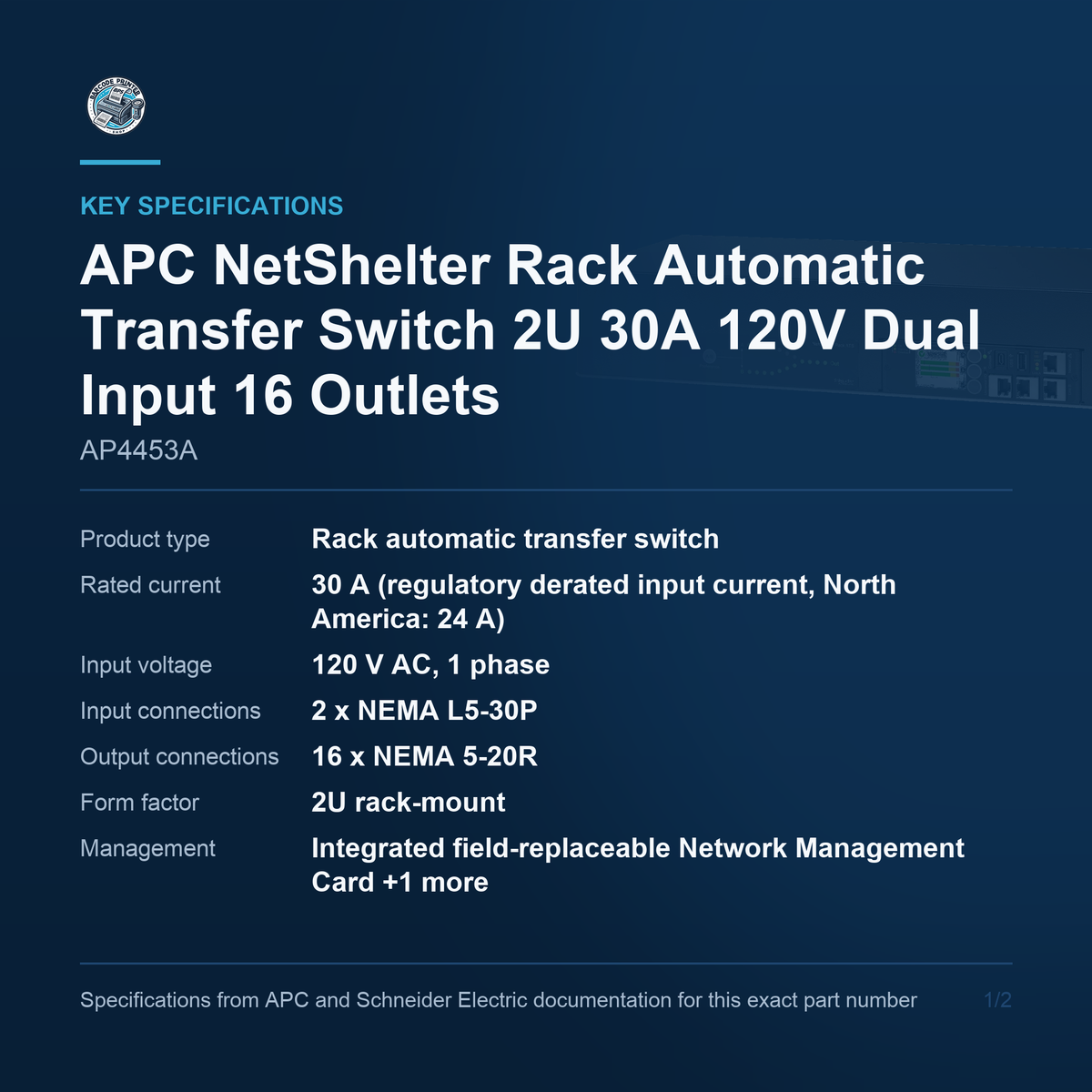 APC NetShelter Rack Automatic Transfer Switch AP4453A key specifications