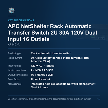 APC NetShelter Rack Automatic Transfer Switch AP4453A key specifications