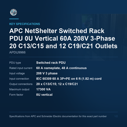 APC NetShelter Switched Rack PDU APDU9966 key specifications