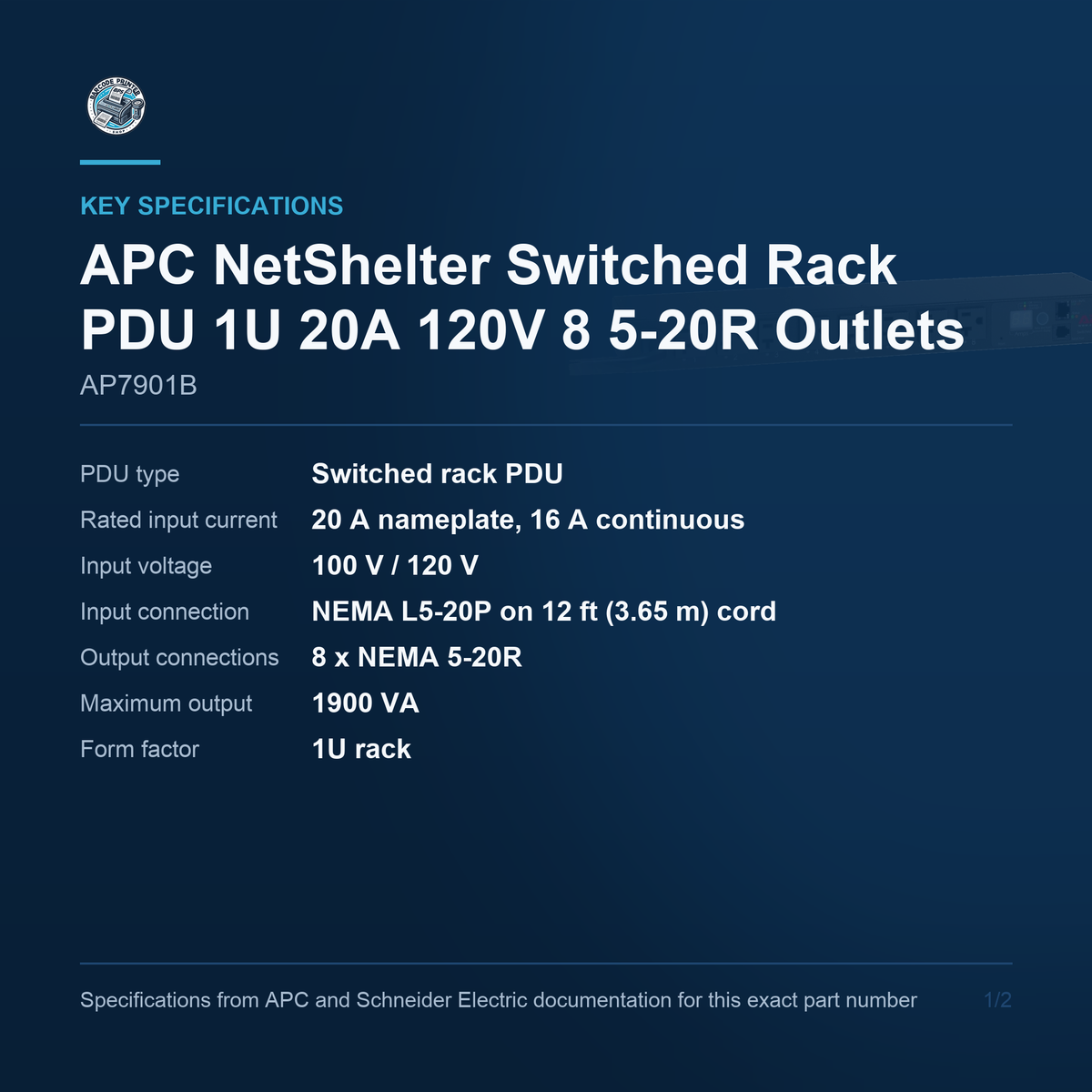 APC NetShelter Switched Rack PDU AP7901B key specifications