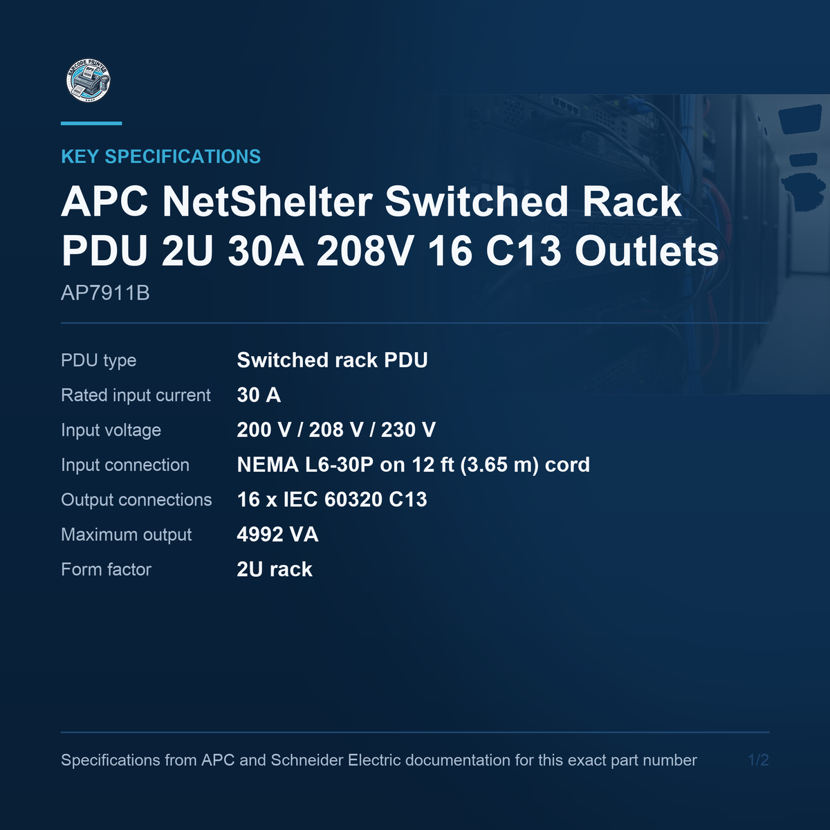APC NetShelter Switched Rack PDU AP7911B key specifications
