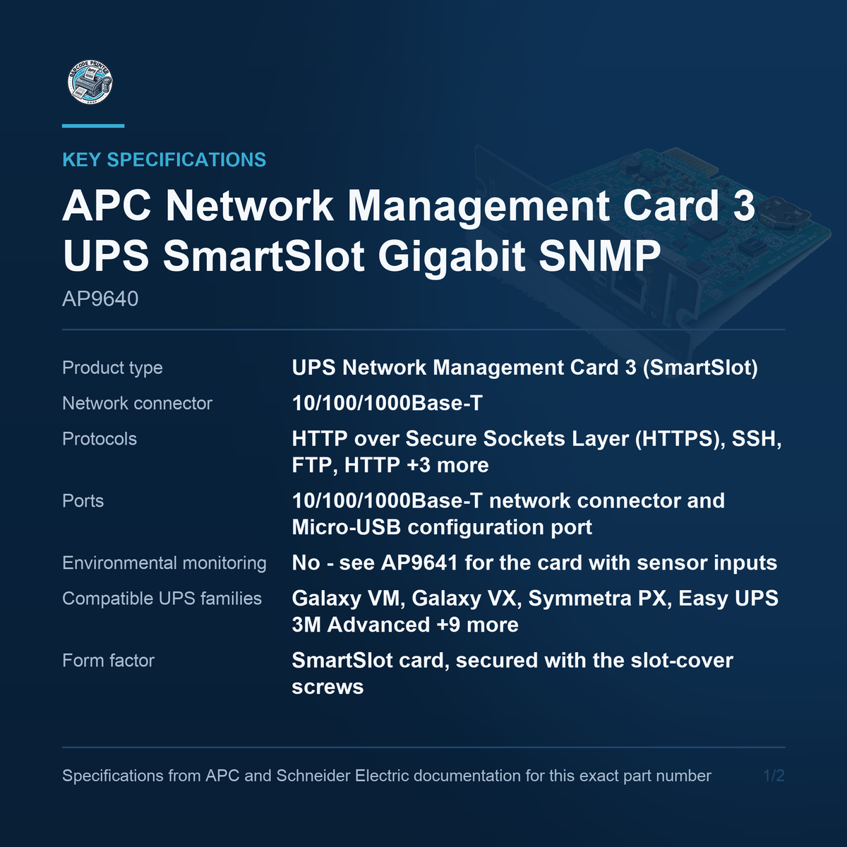 APC Network Management Card AP9640 key specifications