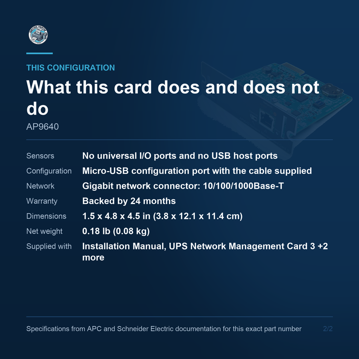 APC Network Management Card AP9640 configuration and what ships