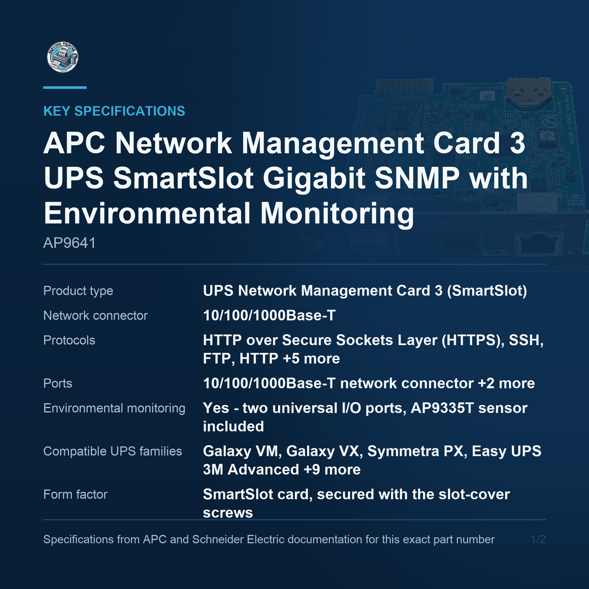 APC Network Management Card AP9641 key specifications