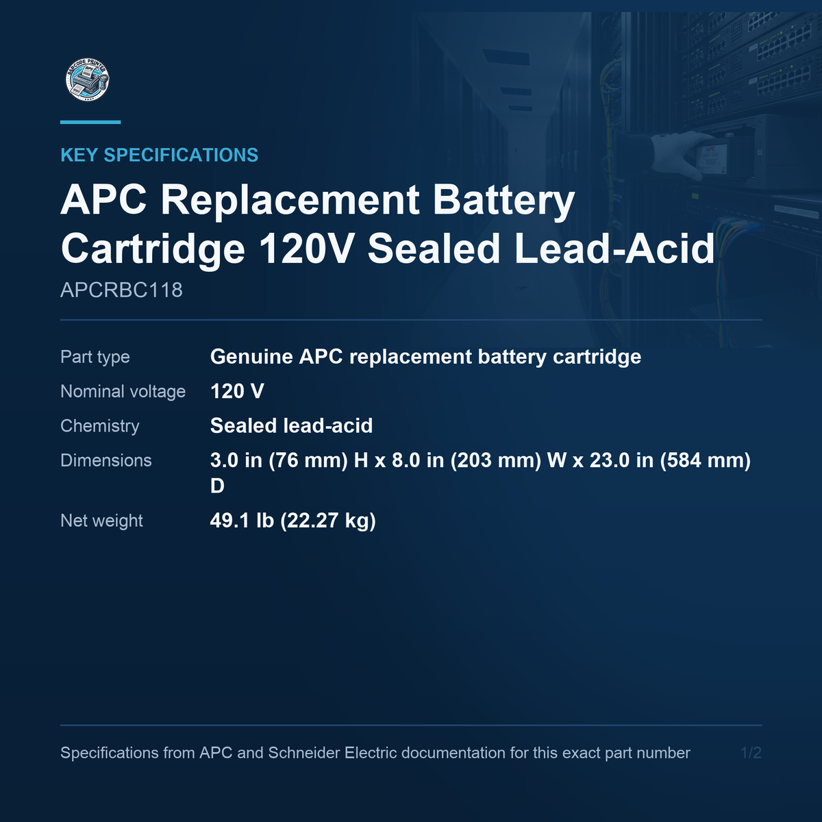 APC Replacement Battery Cartridge APCRBC118 key specifications