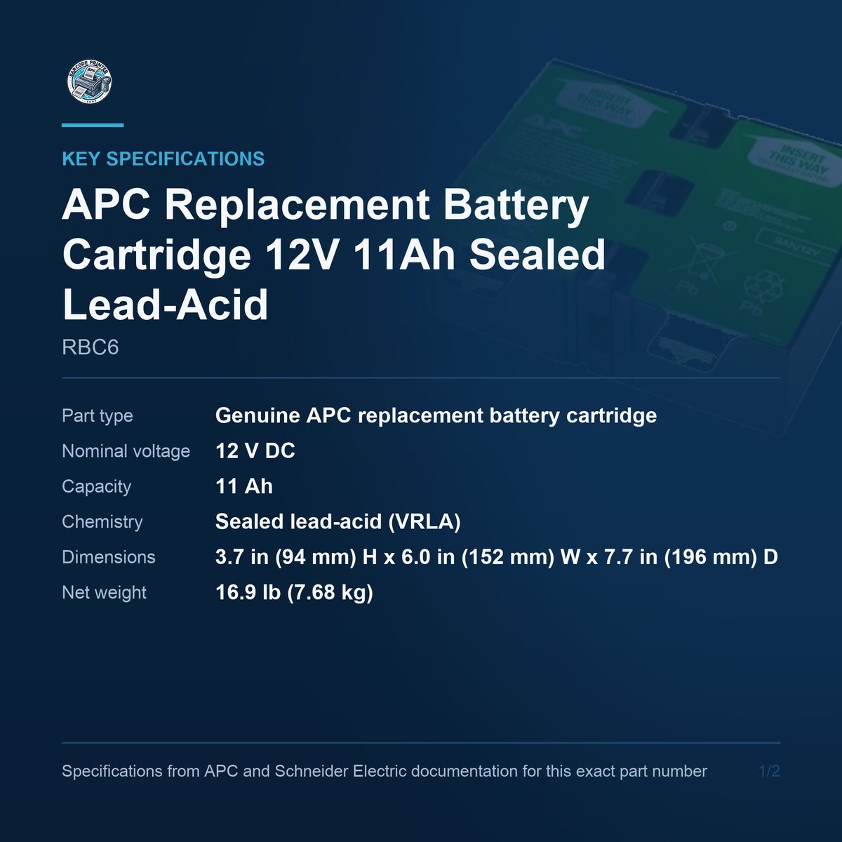 APC Replacement Battery Cartridge RBC6 key specifications