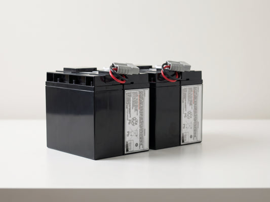 APC RBC55 replacement battery cartridge, two sealed lead-acid cells side by side on a white service bench — AI-generated image