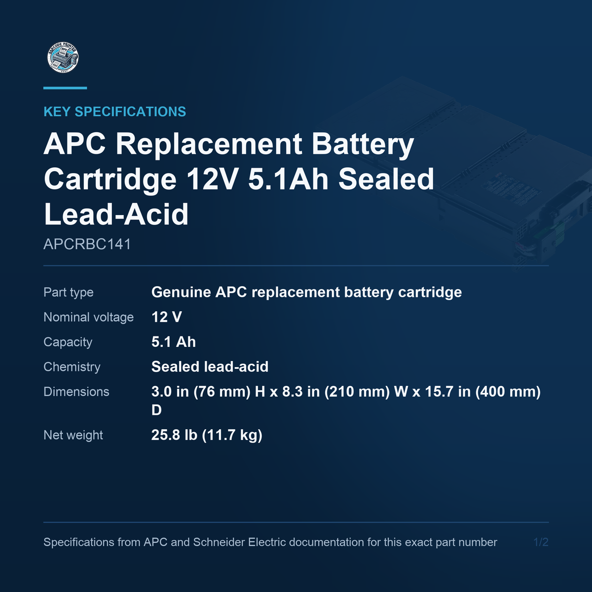 APC Replacement Battery Cartridge APCRBC141 key specifications