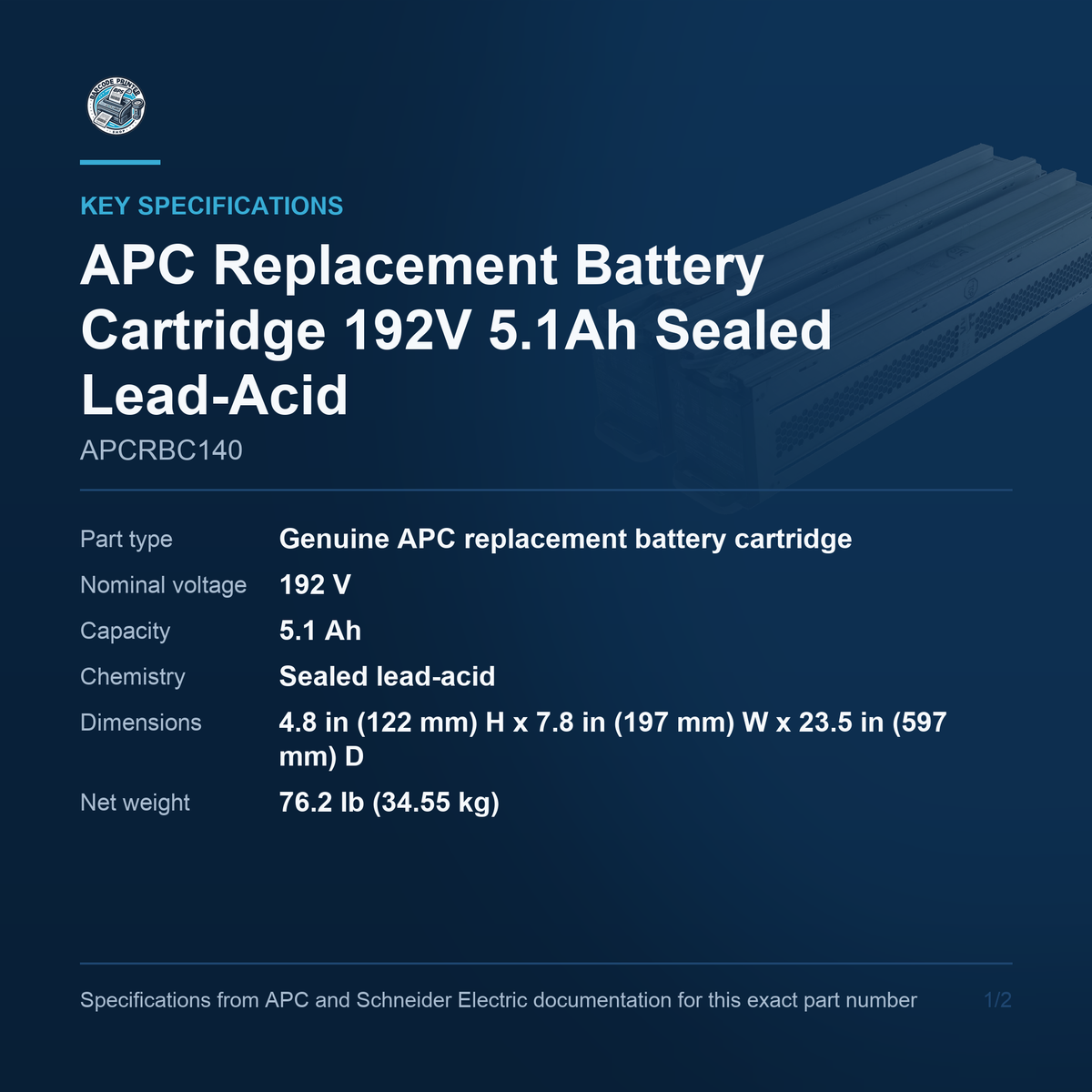 APC Replacement Battery Cartridge APCRBC140 key specifications