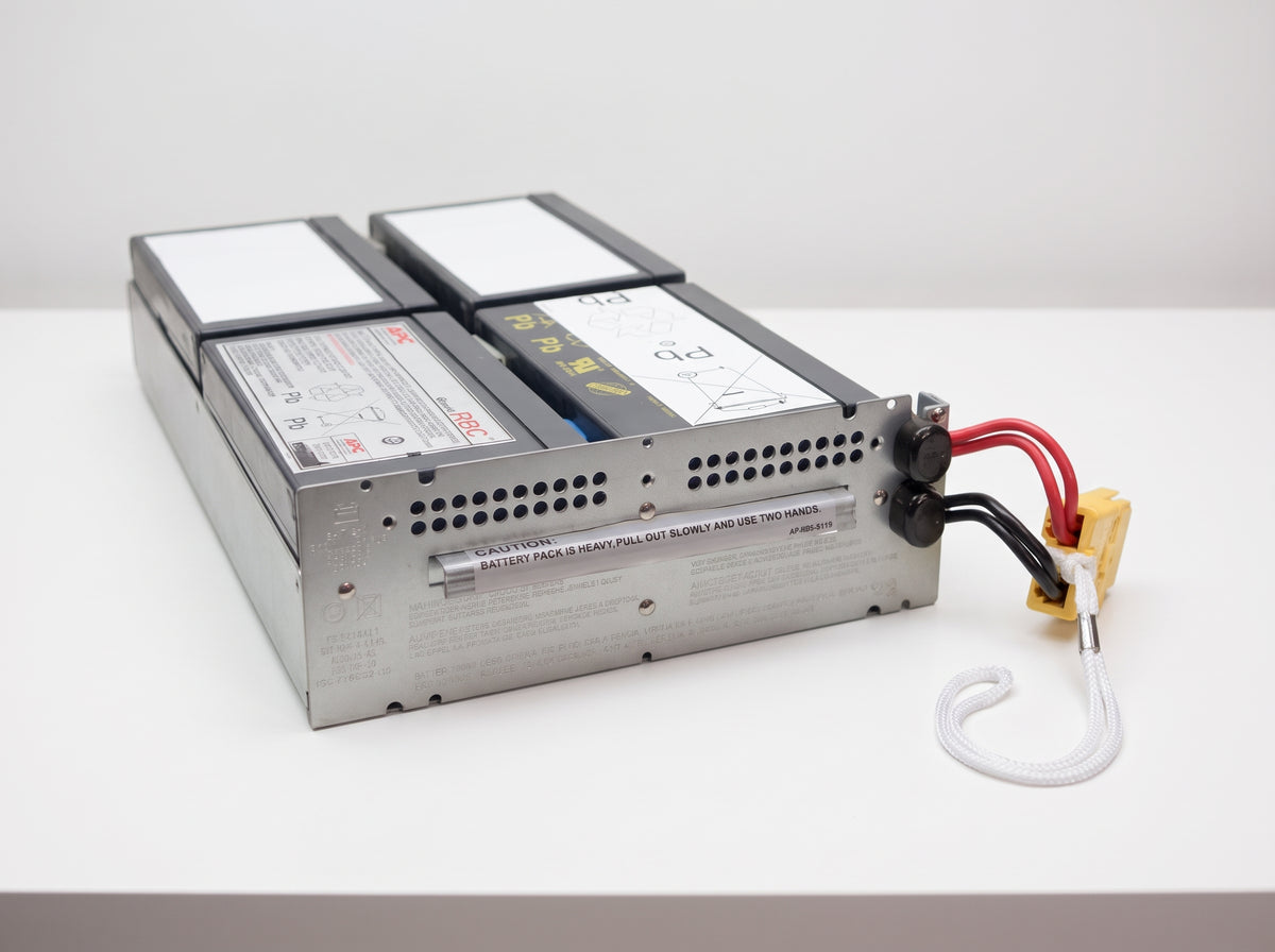 APC APCRBC133 replacement battery cartridge on a white service bench, galvanised tray with yellow connector — AI-generated image