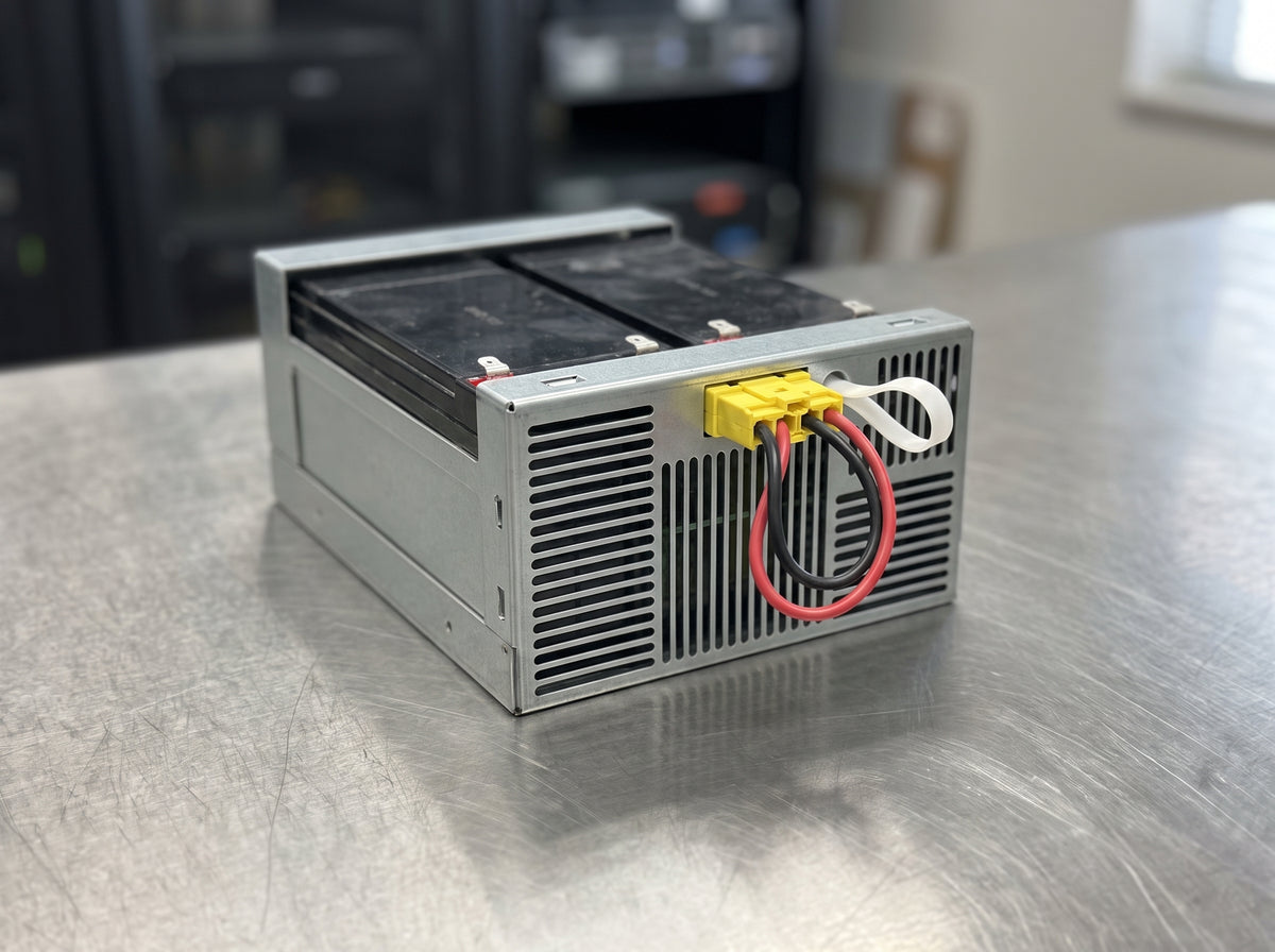 APC APCRBC133 replacement battery cartridge on a steel bench, vented side of the tray with the yellow connector lead — AI-generated image